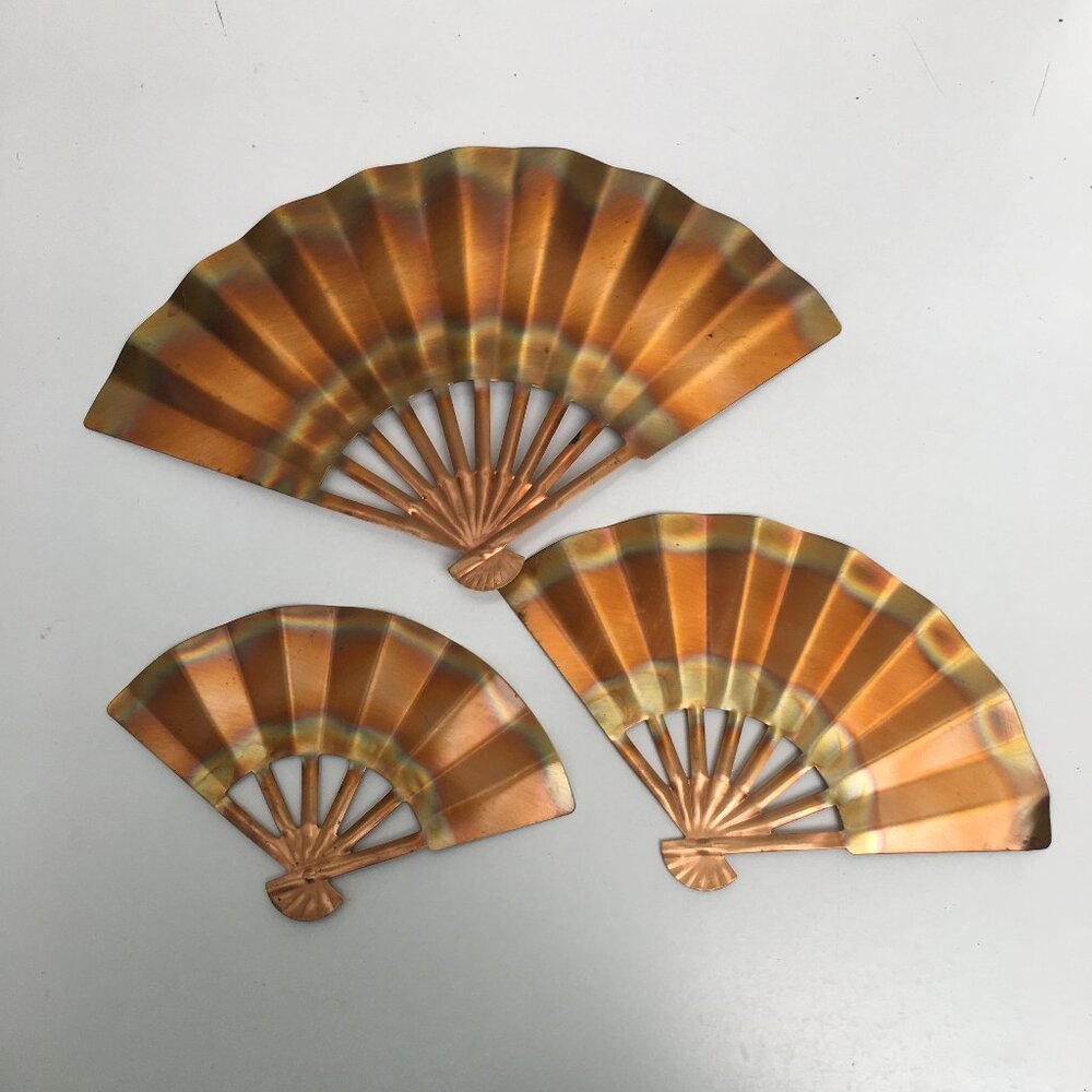 Vintage MCM Set of 3 Metal Fans Brass and Cooper Wall Art Decor